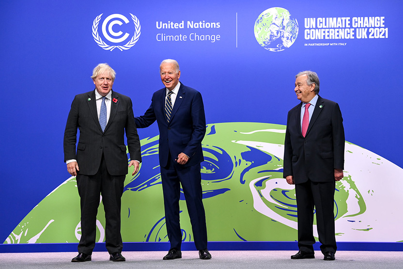 英國首相強生和聯合國秘書長古特雷斯，歡迎美國總統拜登與會。（來源：COP26）